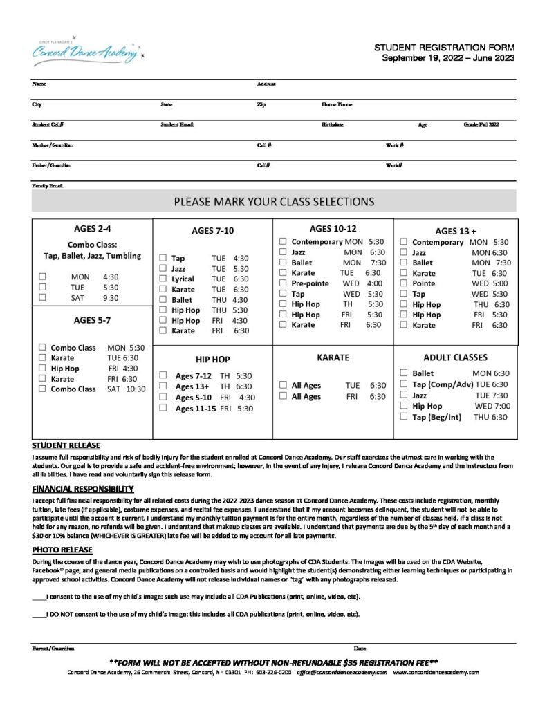 20222023 registration form new Concord Dance Academy