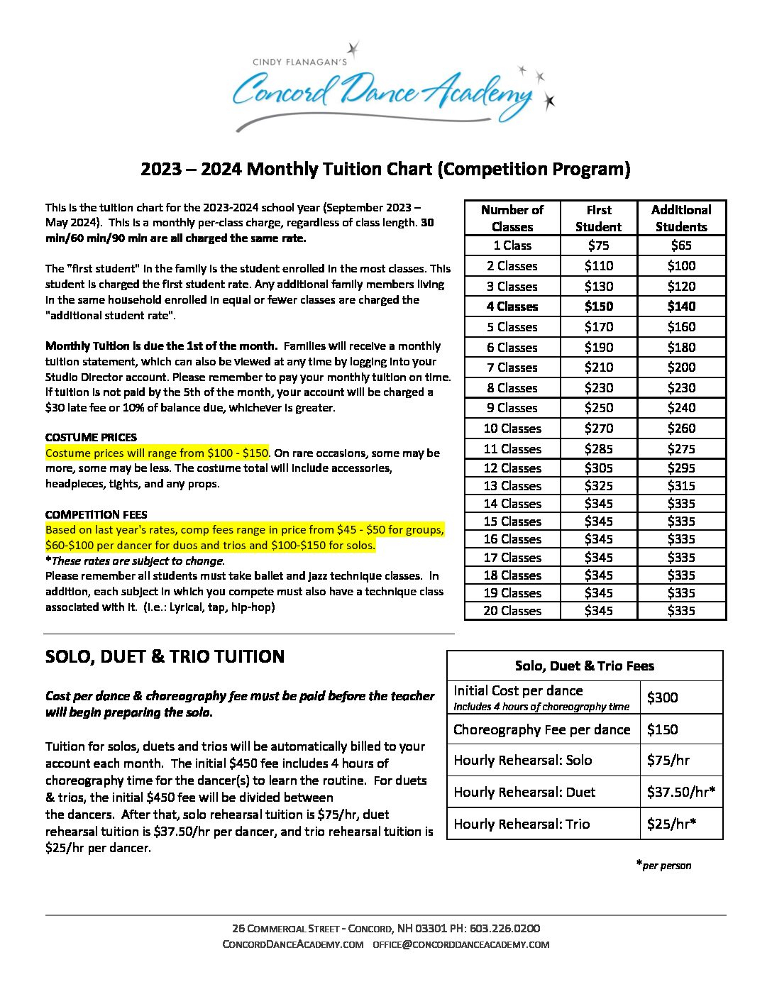 Tuition Chart Competition Team 20232024 Concord Dance Academy